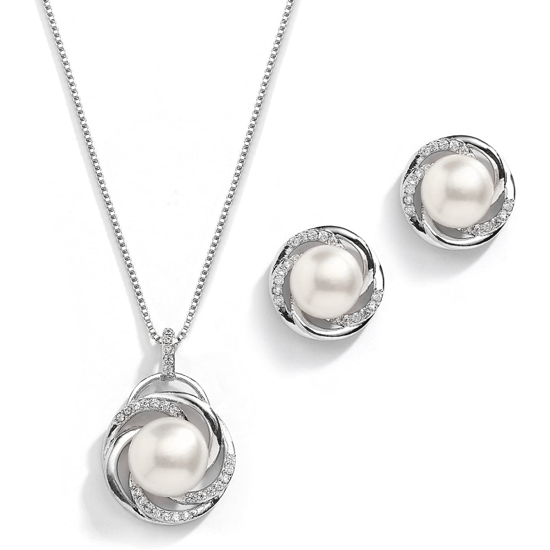 Faux Pearl & Cubic Zirconia Necklace & Earrings Set