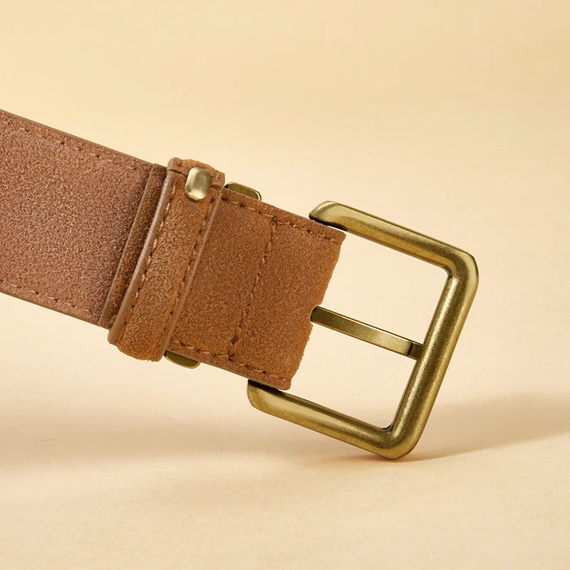 Vintage Suede Leather Belt with Gold Buckle – 2025 Collection
