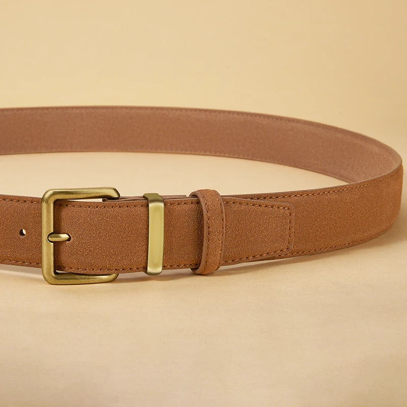 Vintage Suede Leather Belt with Gold Buckle – 2025 Collection