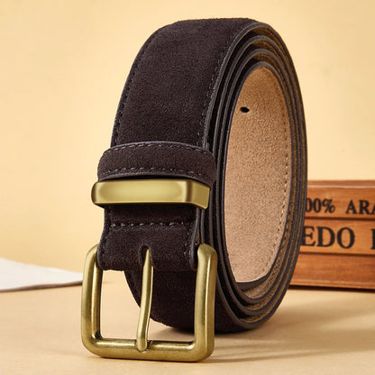 Vintage Suede Leather Belt with Gold Buckle – 2025 Collection