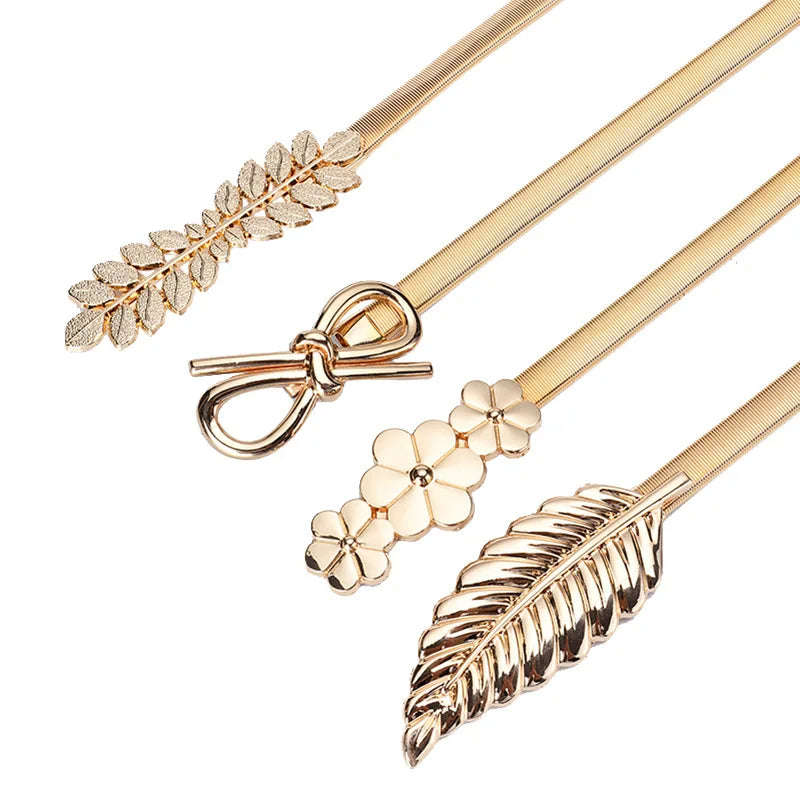 Gold and Silver Leaf Metal Belt for Women - Elegant Elastic Waist Chain for Dresses