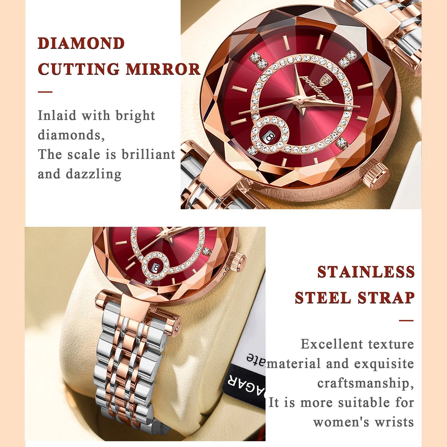 Ruby Quartz Watch, Waterproof, with Stainless Steel Band