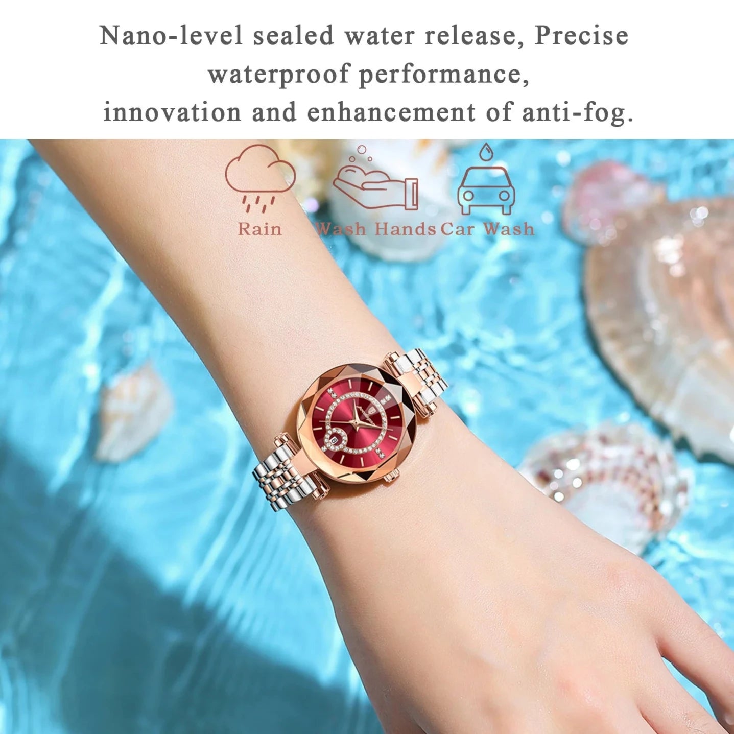 Ruby Quartz Watch, Waterproof, with Stainless Steel Band