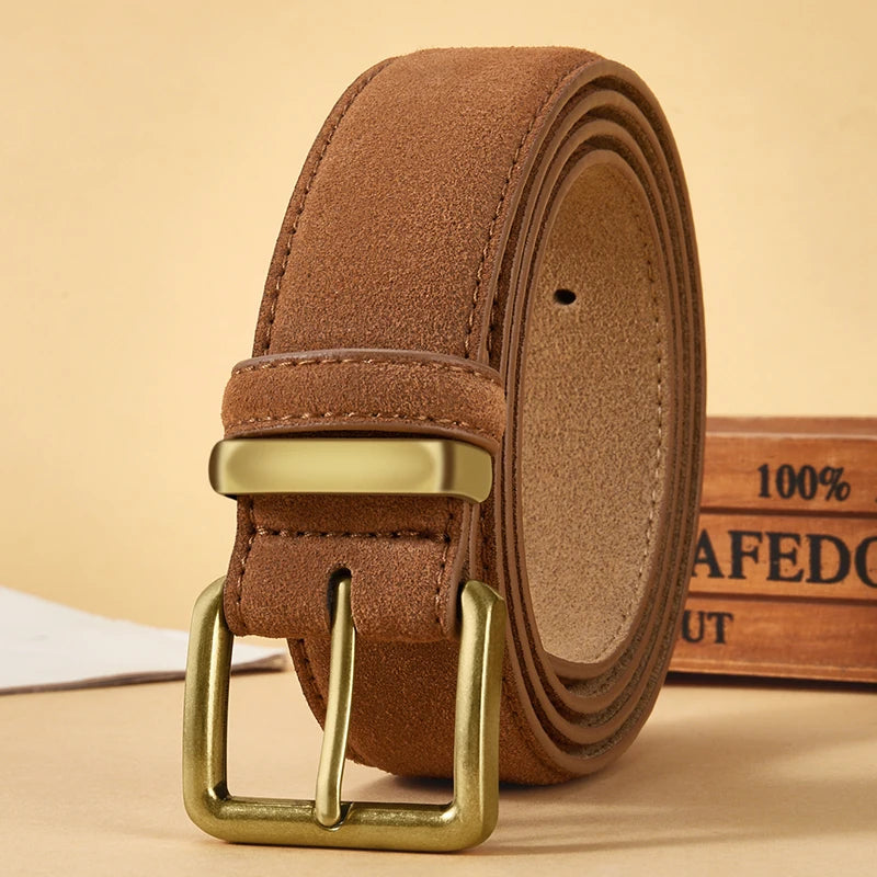 Vintage Suede Leather Belt with Gold Buckle – 2025 Collection